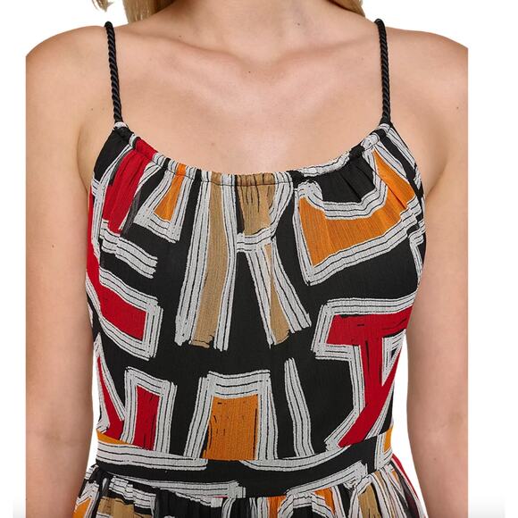 Karl Lagerfeld Printed Chiffon Ruffle Tiered Skirt Midi Dress | sz 8, Black Red - Picture 3 of 5